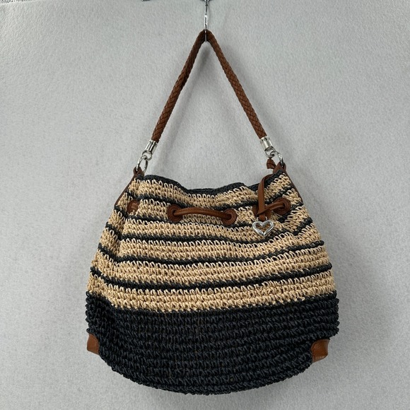 BRIGHTON Sierra Straw Hobo Bag Blue Tan Stripe Drawstring Woven‎ Purse Braided - Picture 7 of 14